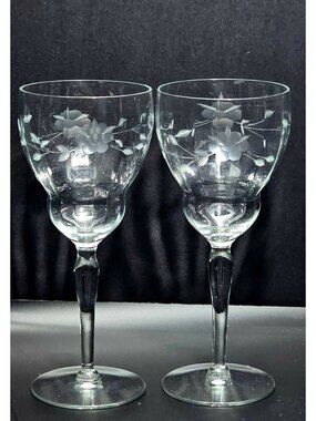 2 Vintage Weston Floral Wine Glasses 8" elegant etched Romantic Water Goblets